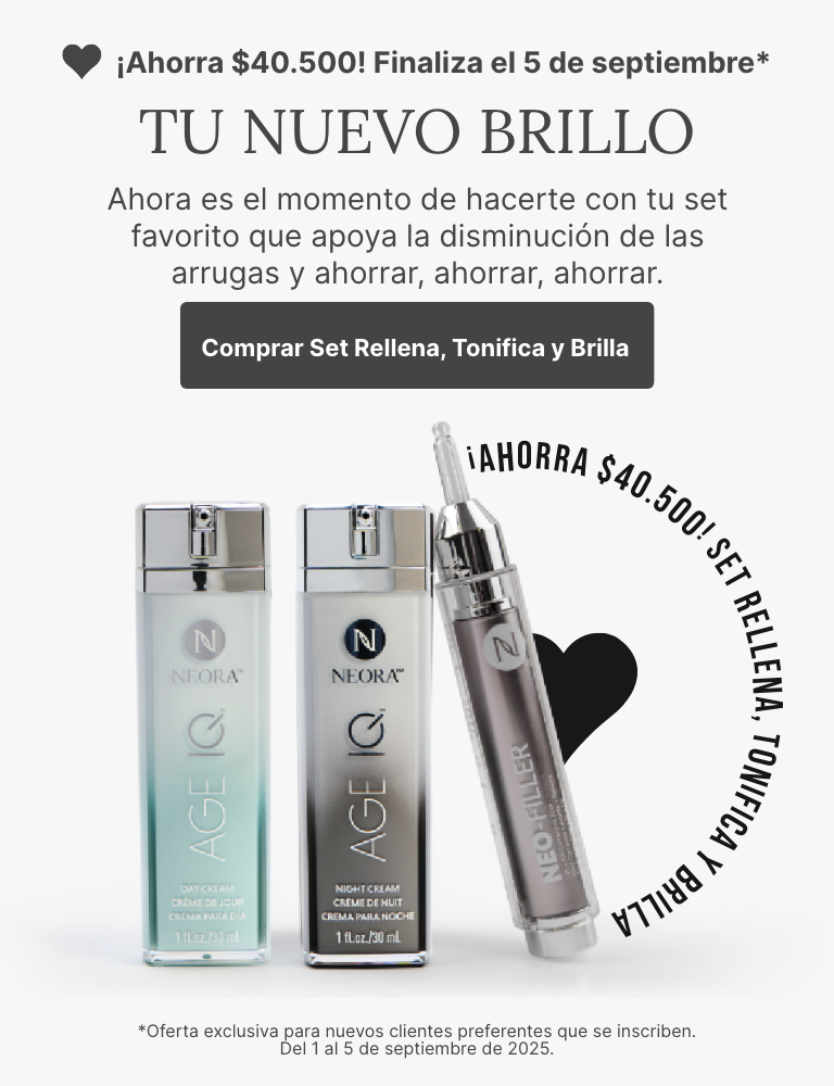 A promotional banner for Neora’s Fill, Lift & Glow Set. Featured is text reading ”Preferred Customers only: Save $15 off until Sept 5,” and a “Shop Fill, Lift & Glow Set” button underneath it.